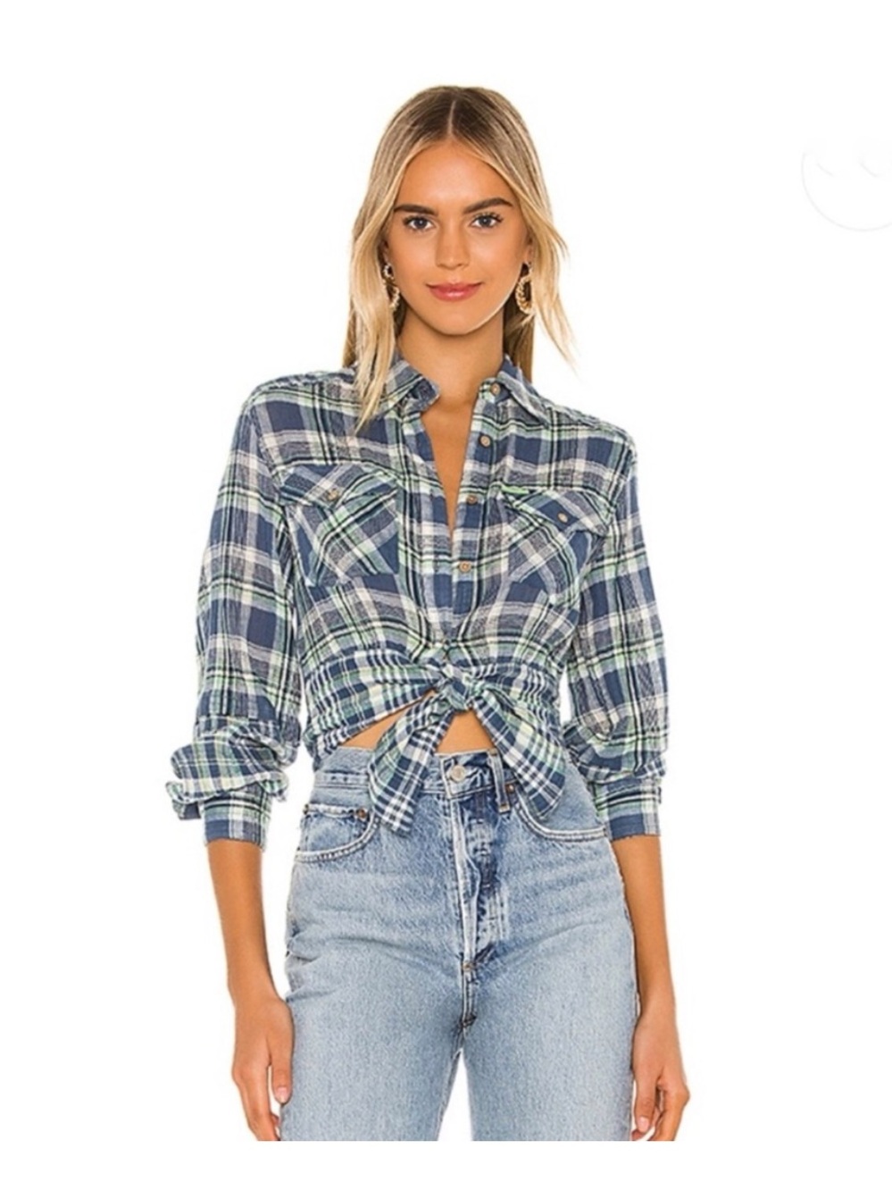 Free People We The Free Blue First Bloom Plaid Top Small